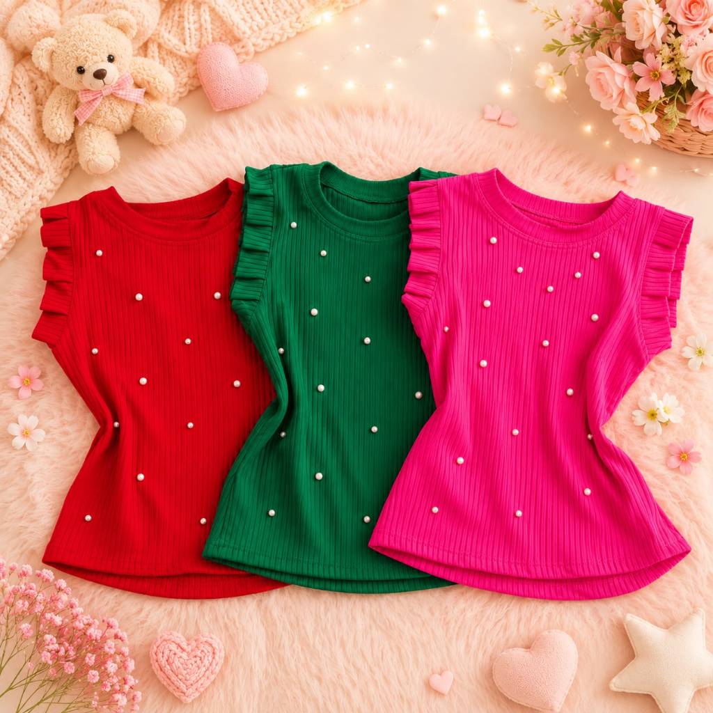 Kit 3 blusinhas infantil menina manga babado com pérolas blusa social infantil regatas 2 ao 10 verão
