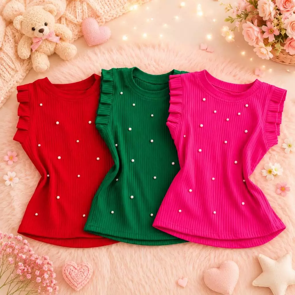 Kit 3 blusinhas infantil menina manga babado com pérolas blusa social infantil regatas 2 ao 10 verão — imagem 1