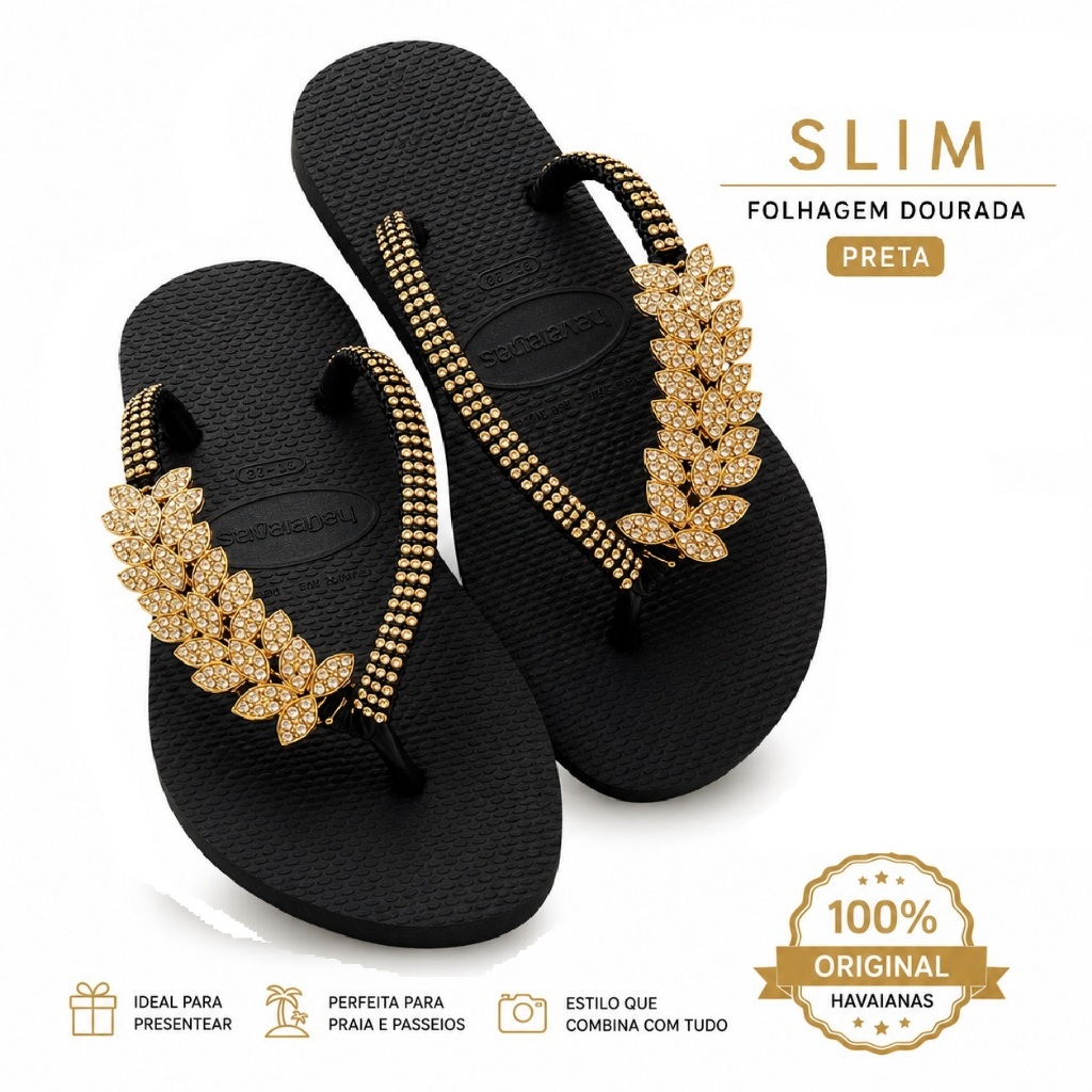 Chinelo Slim Preto Feminino com Pedraria Dourada Luxo Customizado Confortável Antiderrapante