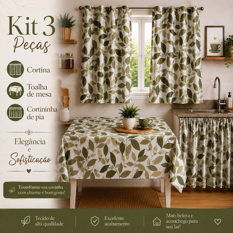 Kit Cozinha 3 Peças: Cortina Janela 2,00x1,30 + Cortina Pia + Toalha Mesa 1,00x1,45