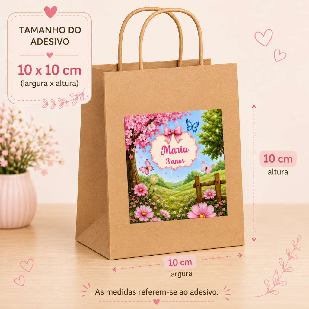 Adesivo Jardim das Borboletas 10x10 Personalizado Para Sacolinha Kraft | Lembrancinha de Festa