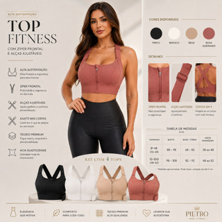 Kit Top Esportivo Fitness Feminino Alta Sustentação Ajustavel Ziper Frontal Academia Jump Corrida 2 ou 4 Peças