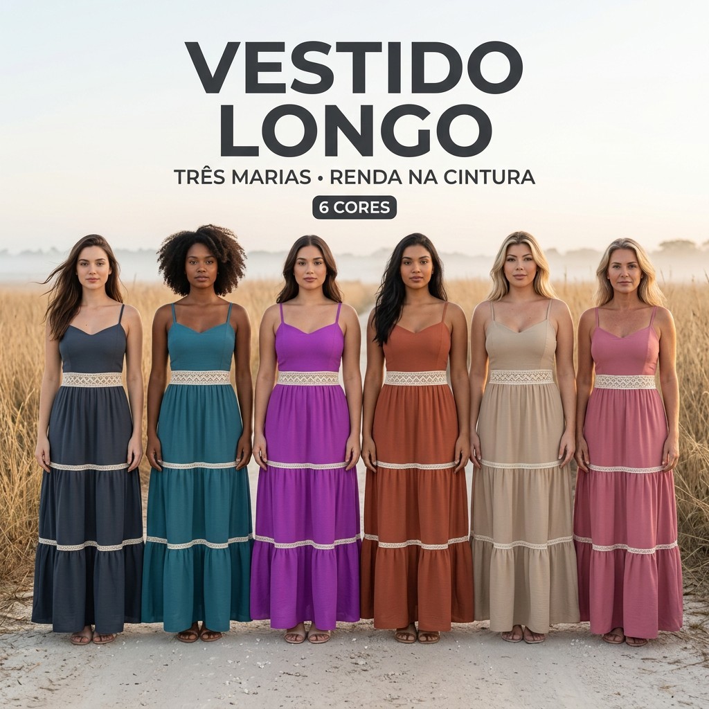 Vestido Longo Com Saia Em Marias e Alça Regulável Casual Feminino Elegante Confortável Festa