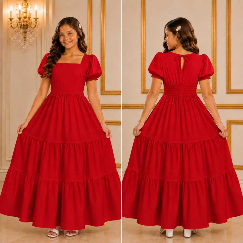 Vestido Longo Infantil Juvenil Alfaiataria Premium Manga Princesa Aurora Elegante Festa Formatura Menina