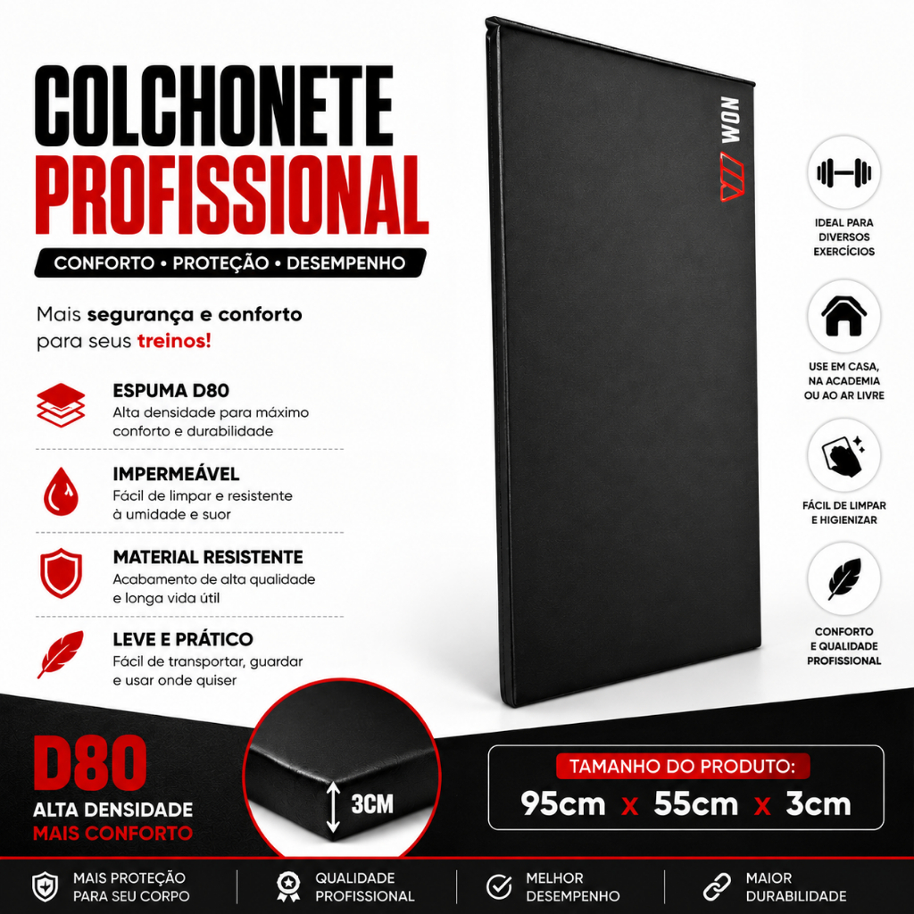 Colchonete Profissional Academia Ginástica Exercício Colchão Alta Densidade D80 Impermeável Preto
