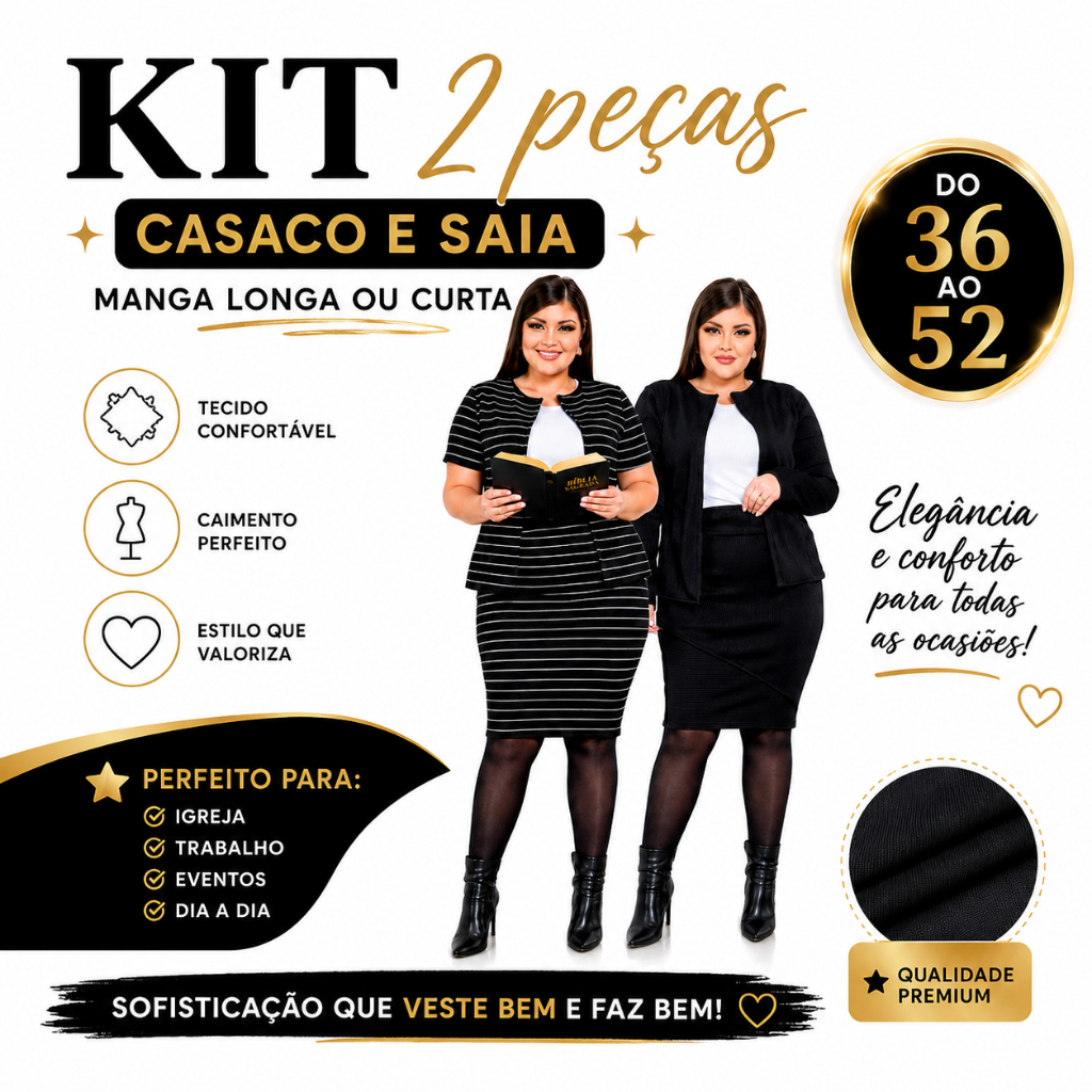 CONJUNTO SOCIAL FEMININO KIT 2 PEÇAS CASACO E SAIA ROUPA SOCIAL MODA EVANGÉLICA PLUS SIZE BOLERO MANGA LONGA