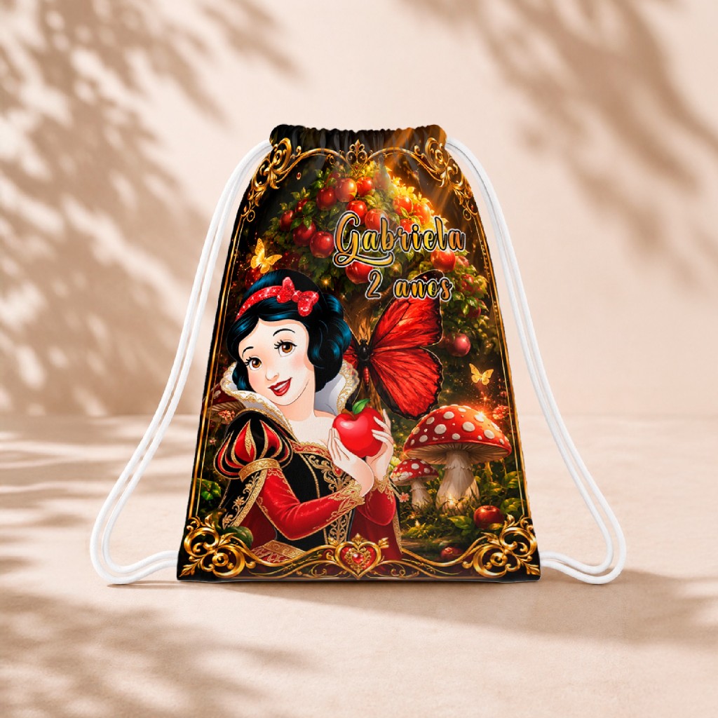 10 Mochila Personalizada Infantil 18x26 Sacolinhas Surpresa Festa Aniversário Lembrancinha Branca de Neve Dourado