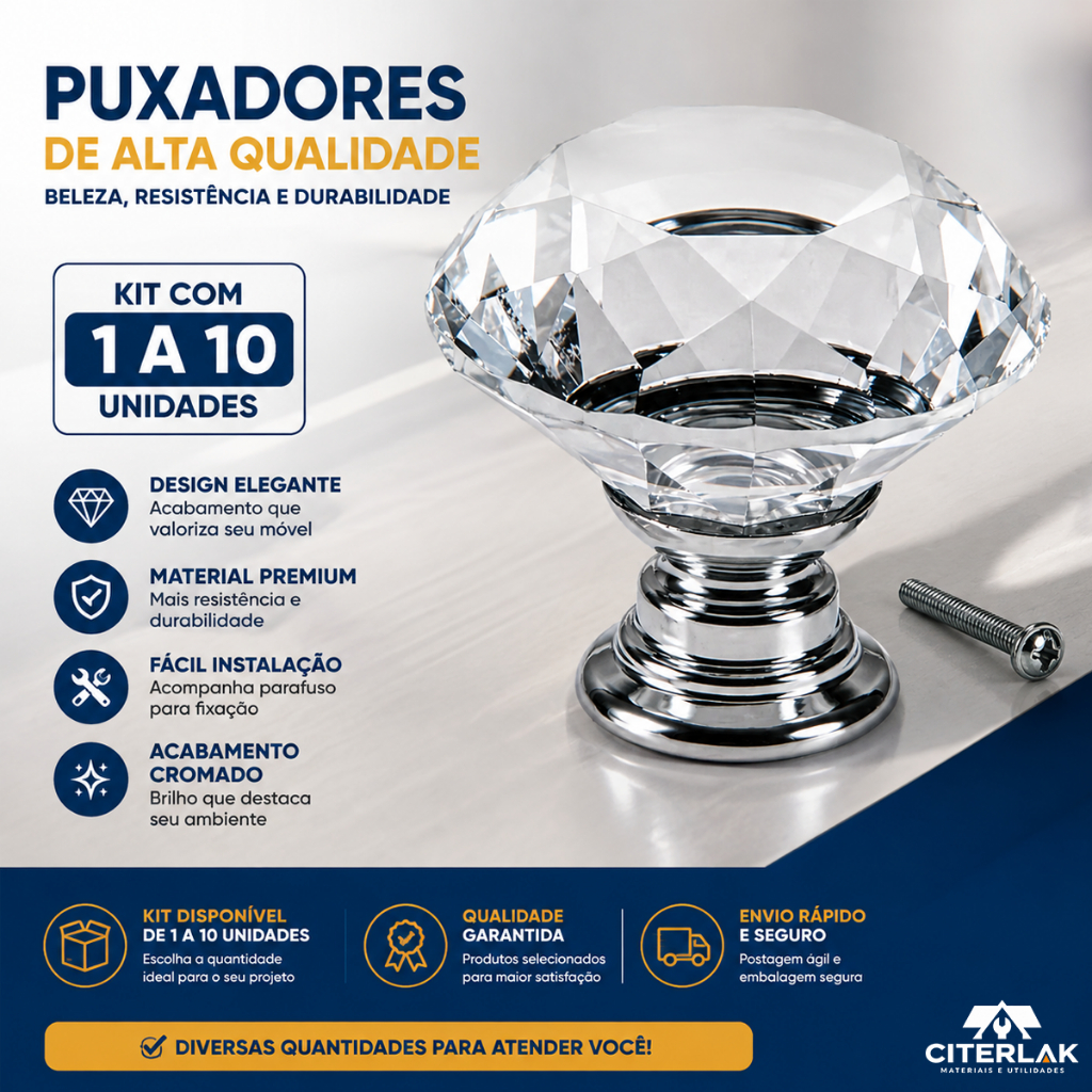 Puxador de Cristal 30mm Cromado Para Gaveta Armário Moveis Banheiro