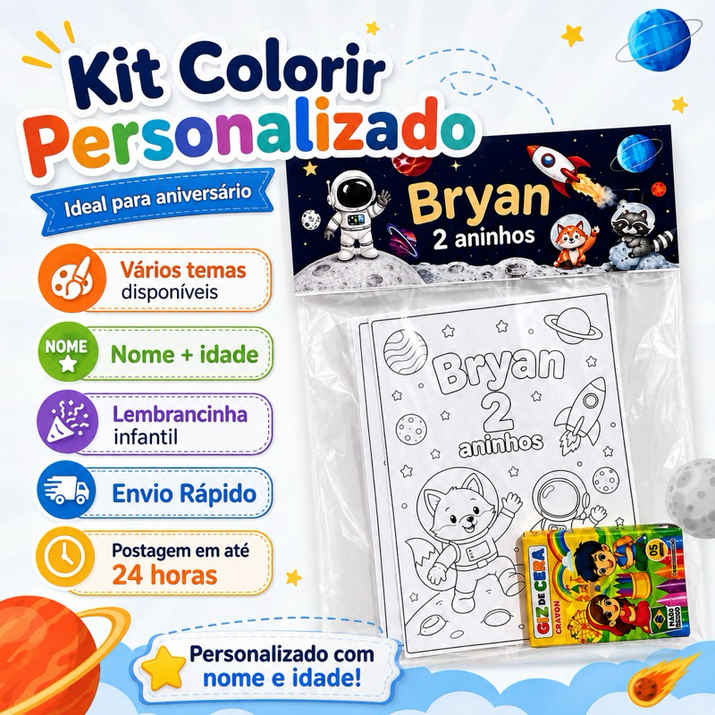 Lembrancinha Aniversário Infantil | Kit Colorir Personalizado Infantil + Giz de Cera | com Nome, Idade e Tema