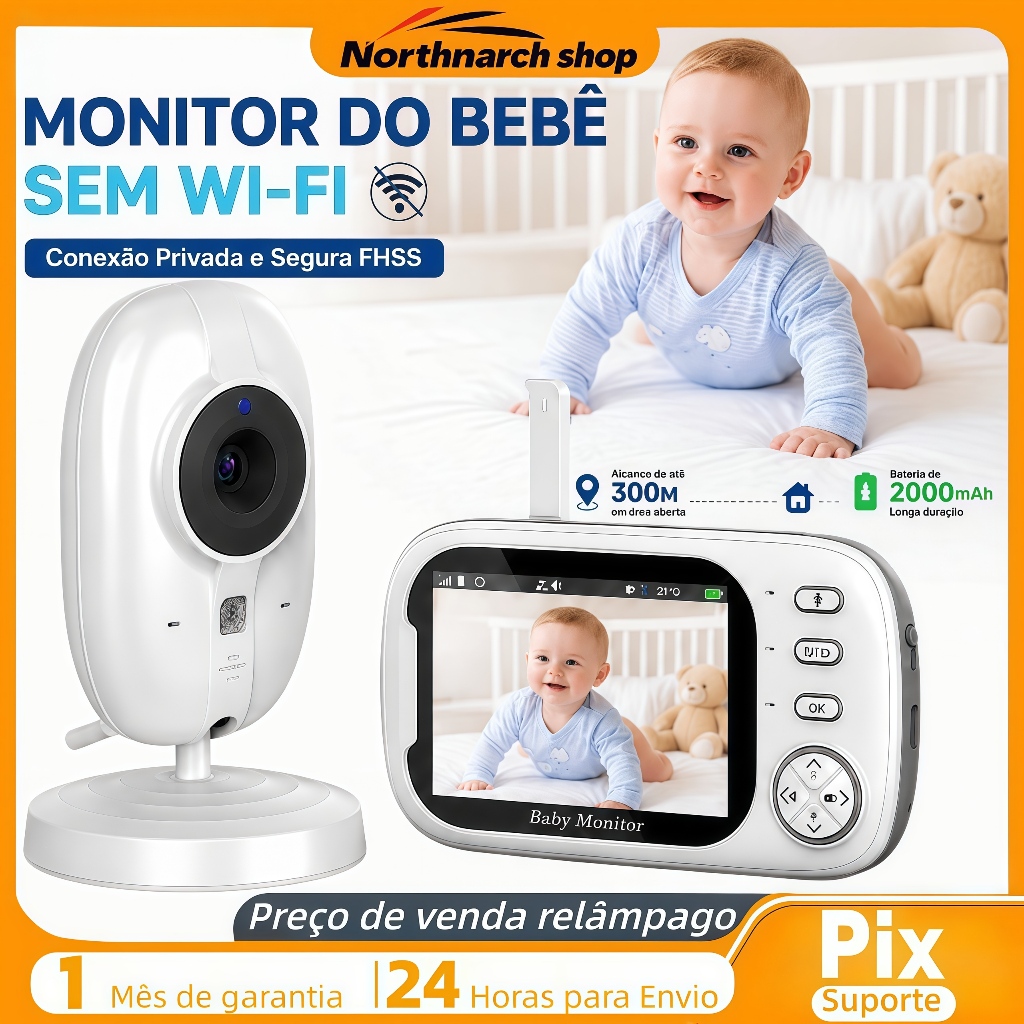 Monitor de bebê com visão noturna, áudio bidirecional, sensor de temperatura e gravação em loop.