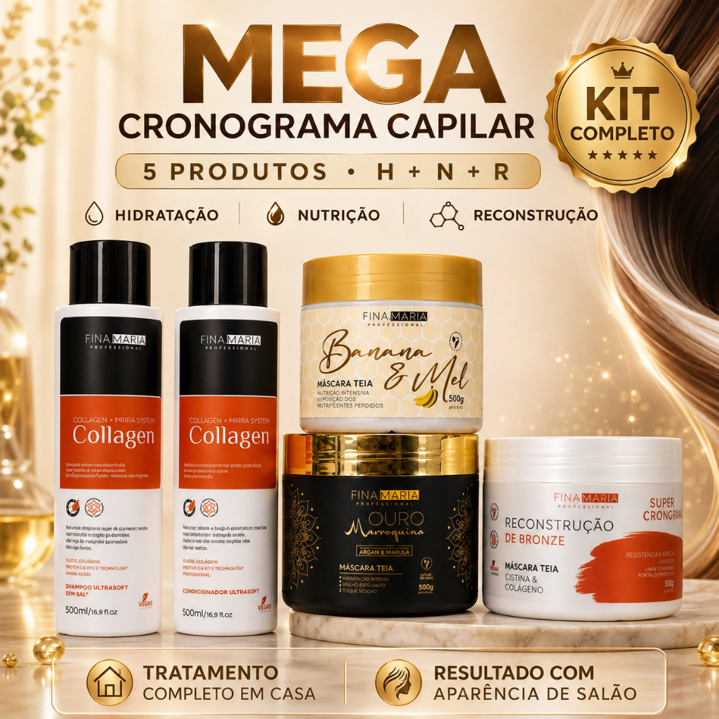 Kit Cronograma Capilar Completo 5 Itens Hidratação, Nutrição, Reconstrução, Shampoo E Condicionador Fina Maria