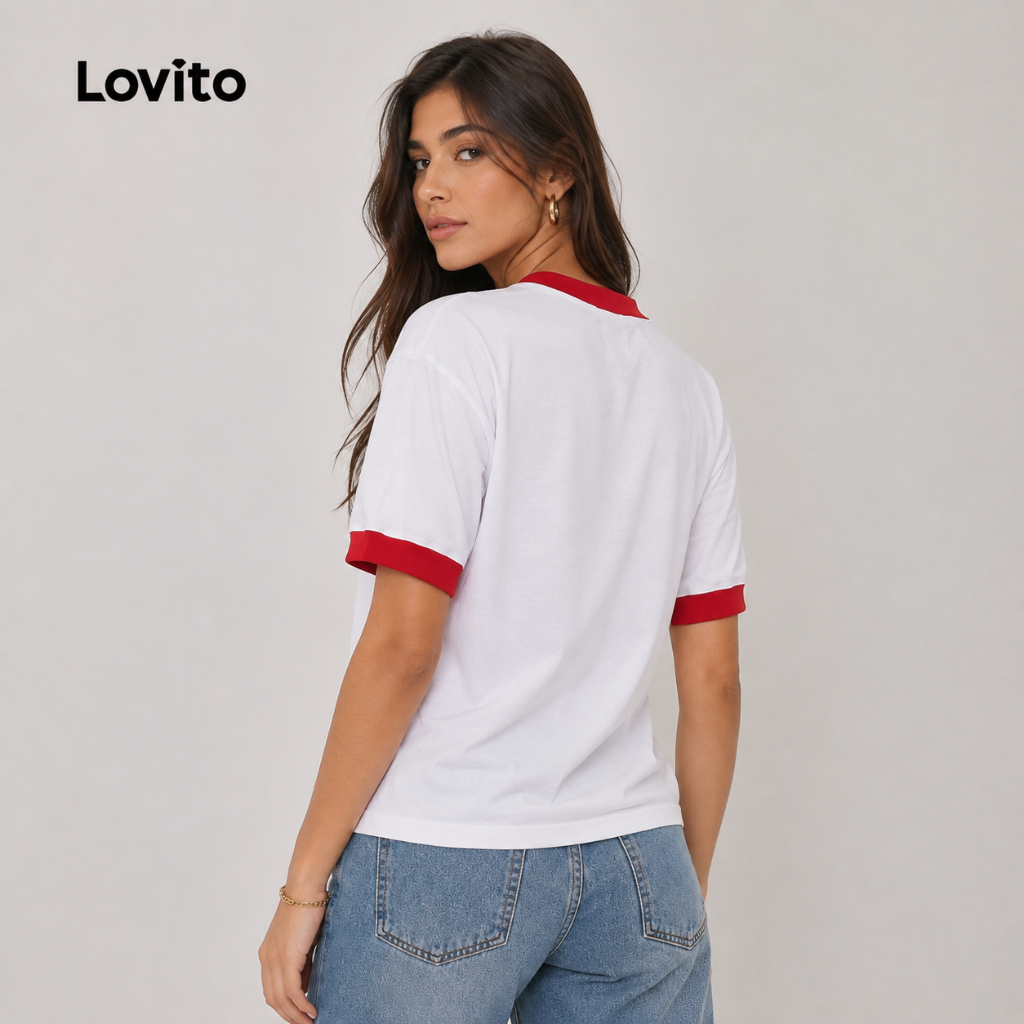 Lovito Camiseta Estampada Moda Contrastante Basica Feminina BRTSB843BRL873 · foto 2