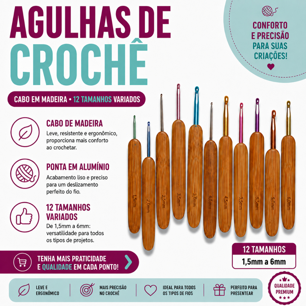 Agulha De Crochê Com Cabo Em Madeira Tamanhos Variados - Kaftor