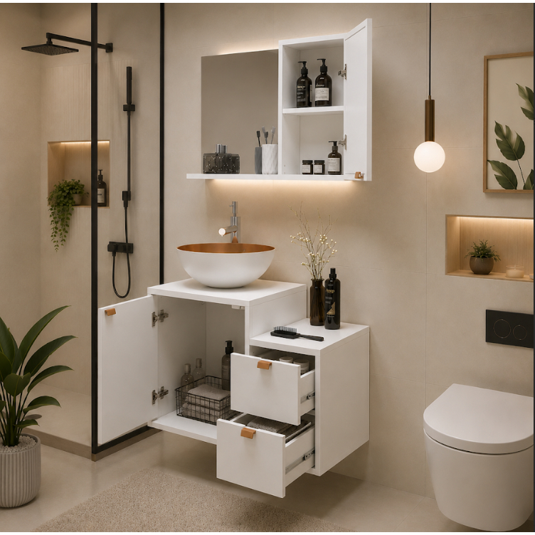 Kit Gabienete Banheiro Completo Com Cuba Espelho E Gavetas Branco Ou Preto Premium