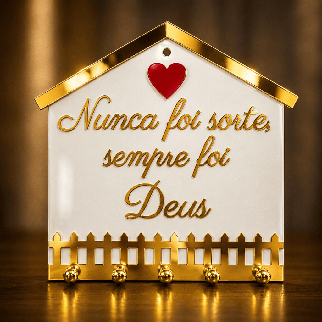 Porta-Chaves Casinha ACM Branco Dourado Nunca Foi Sorte Deus