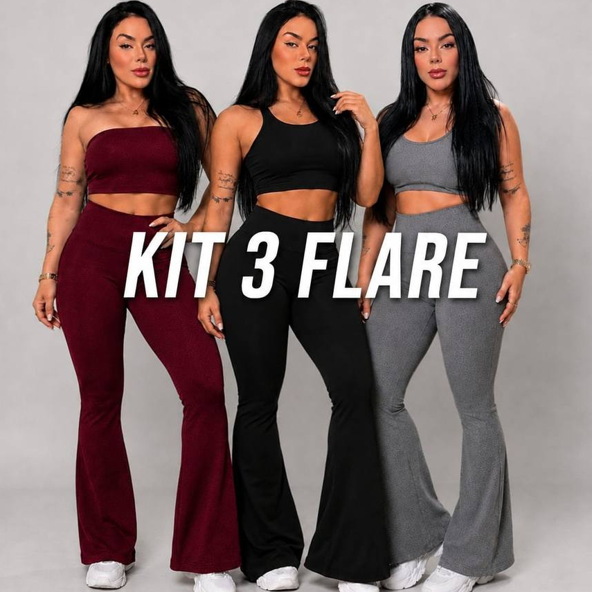 KIT 3 Calças Legging FLARE Bailarina Boca de Sino Grossa Fitness Academia Zero Transparência