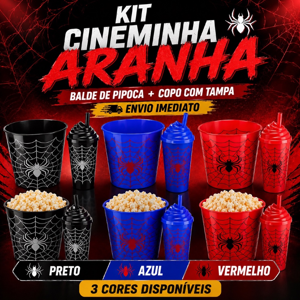 Kit Cineminha Aranha Infantil Copo com Tampa + Balde de Pipoca Festa Aniversário Lembrancinha