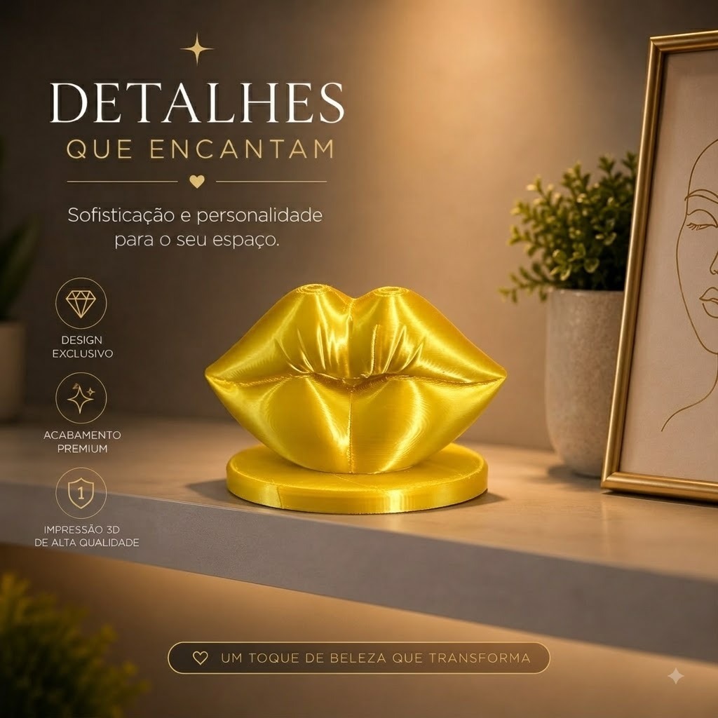 Escultura Boca Dourada Decoração Consultório Estética Harmonização Facial - BRINDE CHAVEIRO BOCA ABRIDOR DE LATA