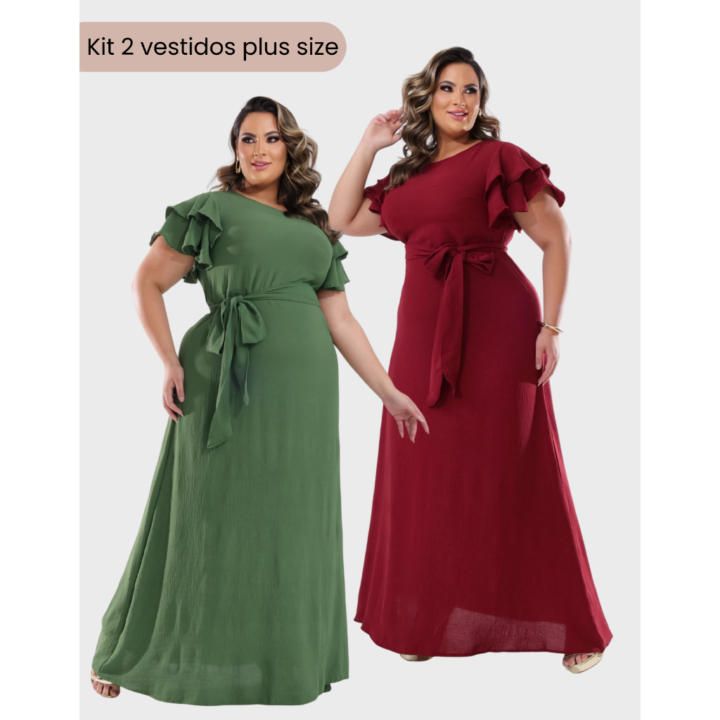 Kit 2 Vestidos Longo Plus Size Feminino Festa Casamento Madrinha Manga Babado com Faixa Duna Moda Evangélica G1 ao G4