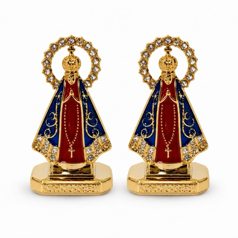 Kit 3 Mini Santinha Nossa Senhora Aparecida Dourada com Strass Mini Imagem Religiosa para Carro Presente