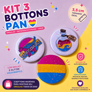 Kit 3 Bottons Pan 3,5cm com Glitter | Pins Pansexuais LGBTQIA+