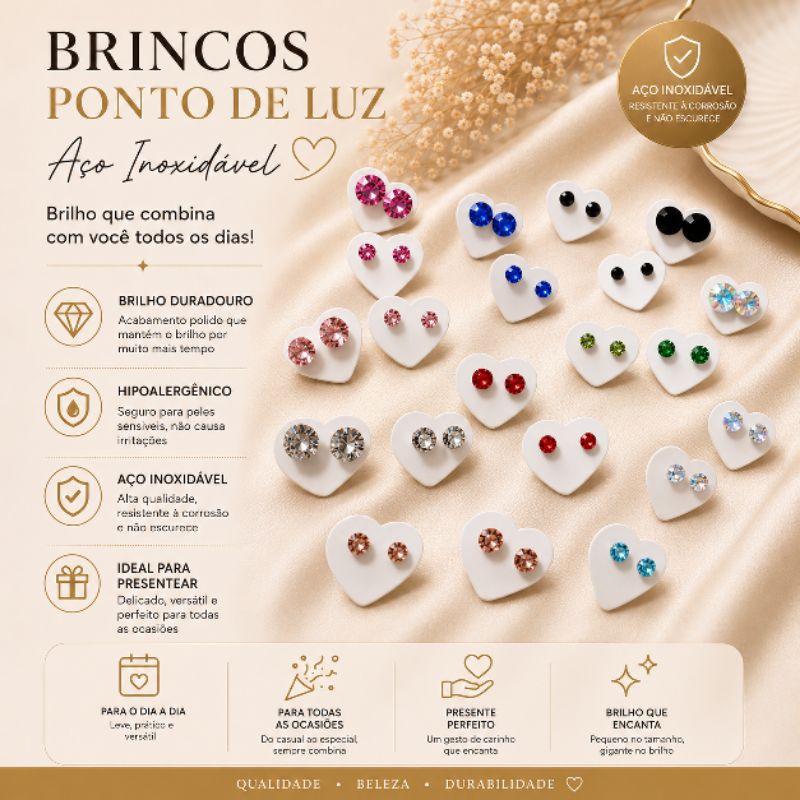 Brinco Ponto de Luz em Aço Inoxidável Feminino Masculino 3mm a 8mm Cores Variadas Antialérgico e Não Escurece