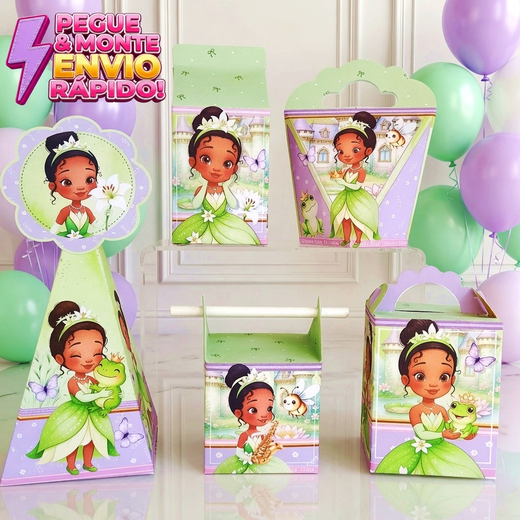 Kit Caixas Princesa Tiana - PEGUE E MONTE  Personalizadas - Pricesa e o Sapo - Lembrancinha Festa Infantil - Kit Festa