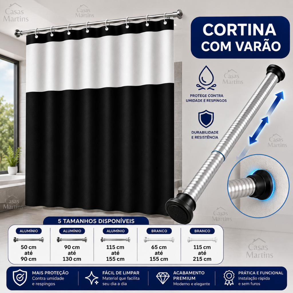 Cortina Box em PVC Para Banheiro Anti Mofo Com Ganchos Varias Cores + Suporte de cortina