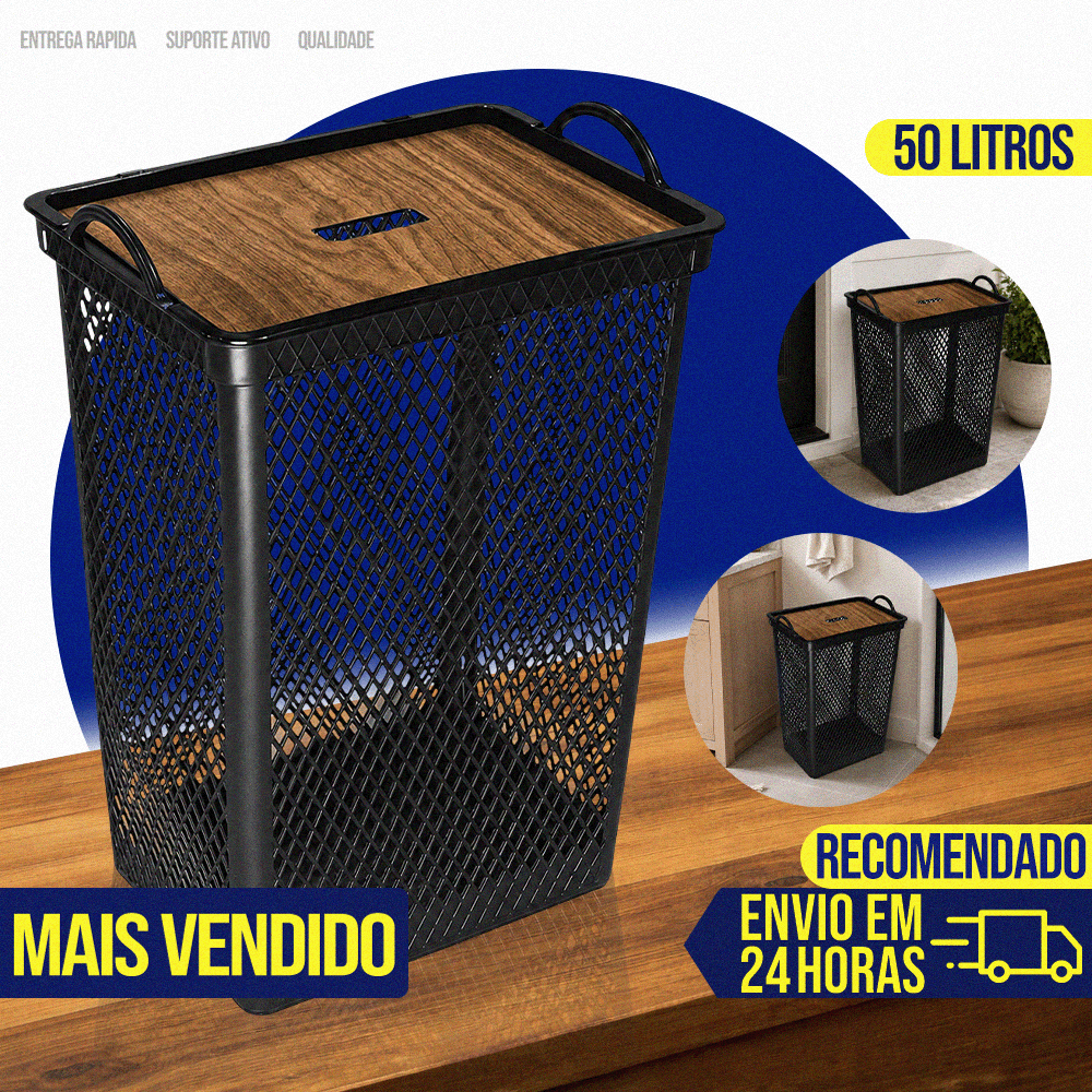 Cesto Telado de Roupa Suja 50 Litros Organizador Multiuso Com Tampa Label Madeira Grande Reforçado