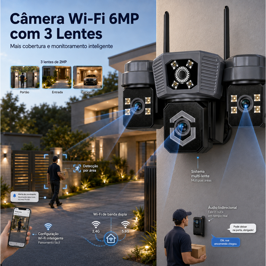 Câmera de Segurança Wi-Fi 6MP com 3 Lentes, Dual Band 2.4G/5G, Visão Noturna Colorida, Áudio Bidirecional, Detecção