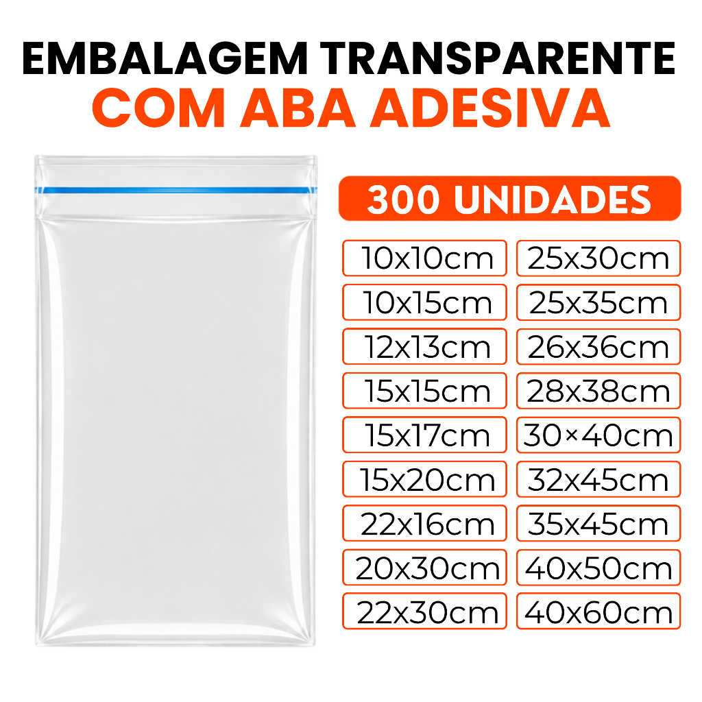 Kit 300 Sacos PP Transparentes com Aba Adesiva para Embalagens Loja Variedades