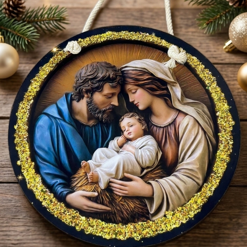 Guirlanda de Natal MDF 25cm Placa Enfeite de Porta Decoração Natalina Presépio Papai Noel Sagrada Família