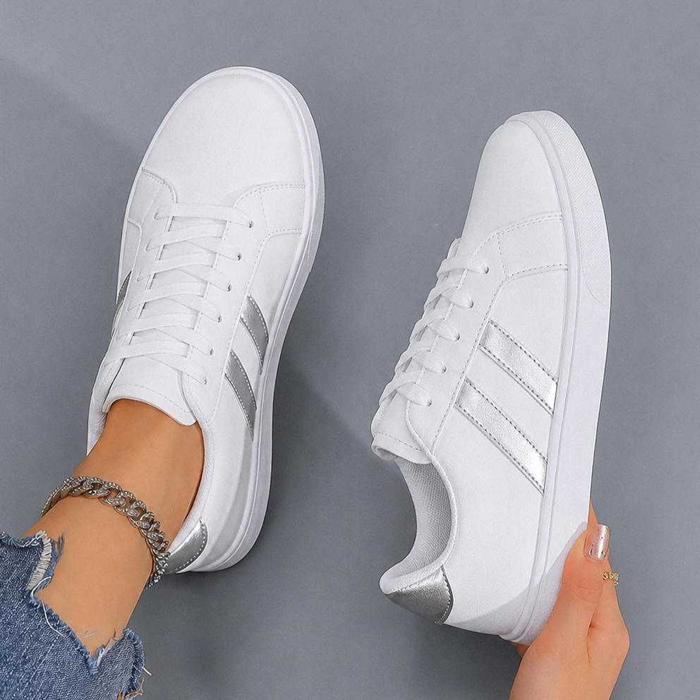 Tênis Casual Feminino Branco Faixa Lateral Solado Macio Leve Para Caminhada e Faculdade