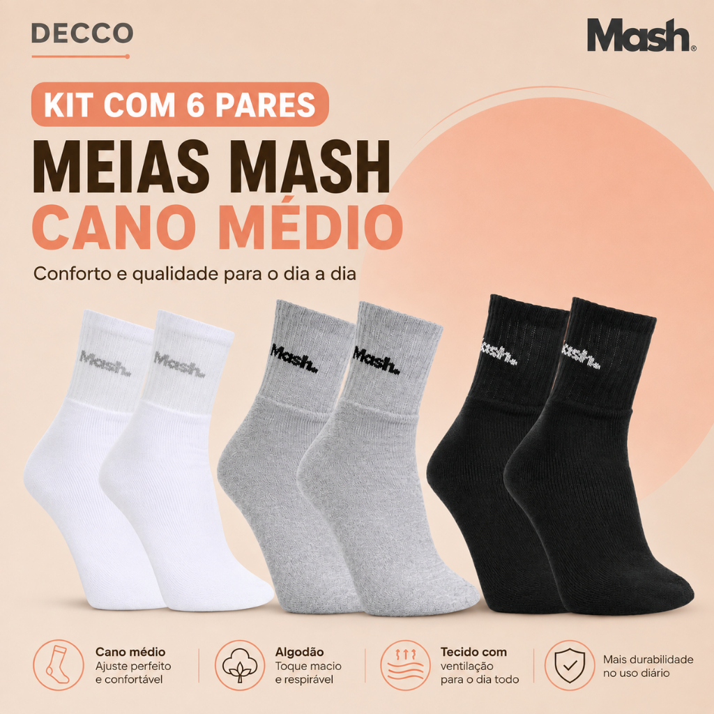 Kit De 6 Pares Meias Mash Em Algodão Cano Médio Casual e Esportivas com Calcanha