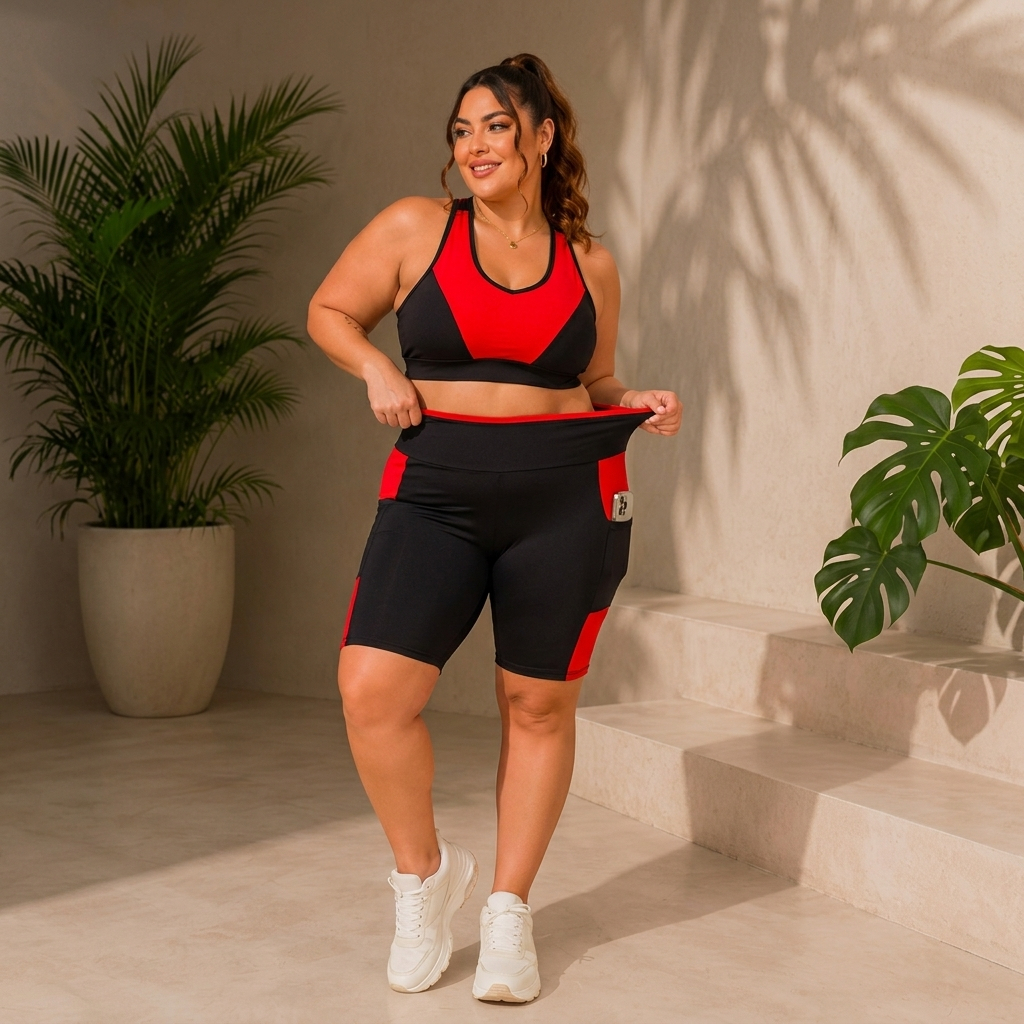Kit 2 Conjuntos Fitness Plus Size | Top + Short com Bolso | Curves Roupa de Academia feminino