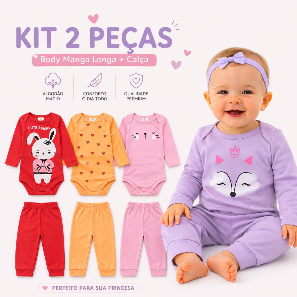 Kit Bebê MENINA 2 Peças Algodão Body Manga Longa + Calça RN ao G