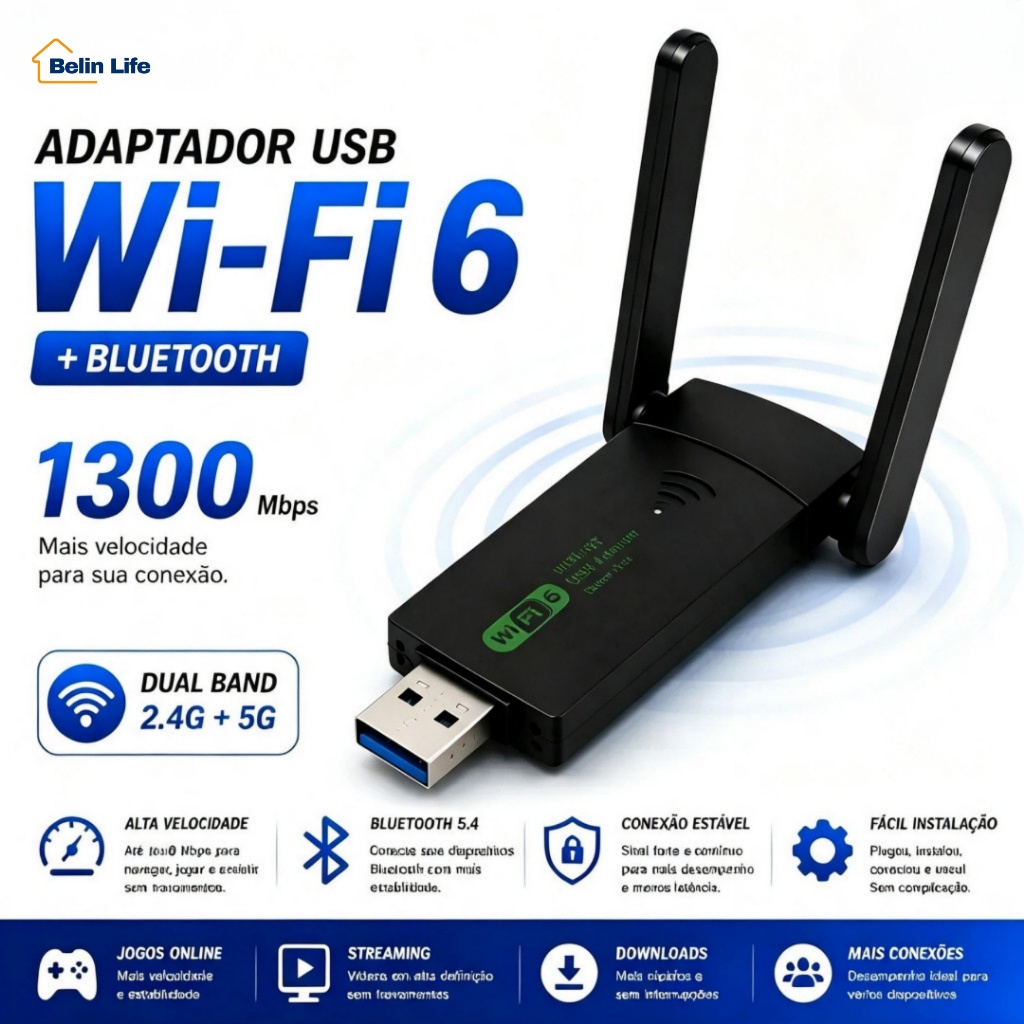 Adaptador de Rede USB Wifi 6 e Bluetooth 5.4 AITEK Dual Band 2.4/5GHz Alta Veloc