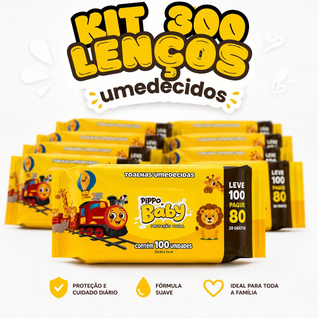 Kit 3 Pacotes Lenços/Toalhas Umedecido Pippo Baby Pacote c/ 100 Folhas