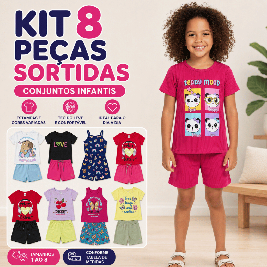 Kit 8 Peças Conjunto Infantil Feminino Menina Roupa Verão Sortida Camisetas Shorts Looks Infantis 1 ao 8
