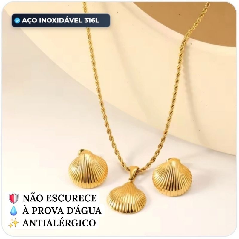 Kit Colar e Brincos em Aço Inoxidável Dourado Concha Antialérgico Ajustável Não Escurece