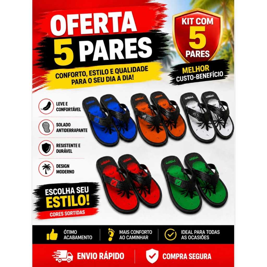 kit 5 Pares Chinelo Masculino Casual  Chinelo Masculino Leve e Durável  Chinelo Masculino Ideal para Praia e Piscina