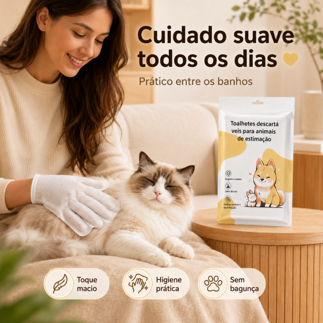 Toalhete Luva Descartável para Cães e Gatos Higiene Pet Sem Álcool Limpeza de Patas e Pelos Uso Diário
