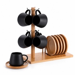 Jogo 6 Xícaras Com Pires e Suporte Bambu Oásis Branco e Preto 90ml Hauskraft