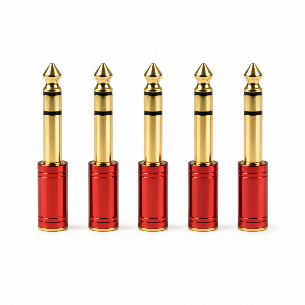 Kit 5 Adaptador P2 Fêmea x P10 Macho Bertô, Corpo Alumínio Anodizado Vermelho, Contatos Dourados Vermelho Ouro Som Limpo