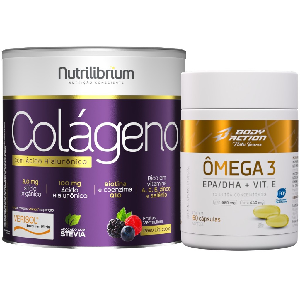 Kit Colágeno Verisol Ácido Hialurônico 200g + Ômega 3 Ultra Concentrado 60 Caps
