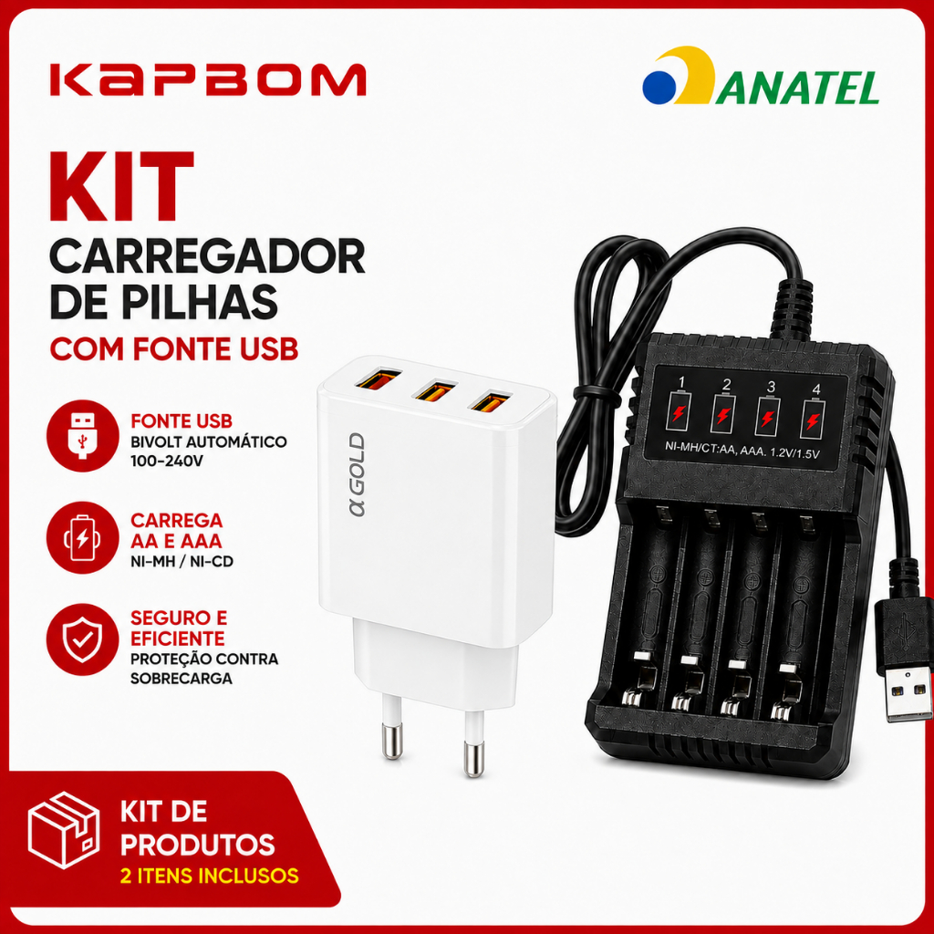 Carregador de Pilhas Recarregáveis AA/AAA 4 Slots Bivolt Kapbom + Fonte Carregad