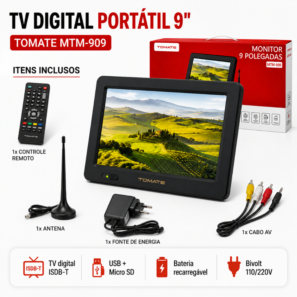 Tv Digital Portátil Recarregável 12 volts  9 polegadas Colorido bivolt 220/110V