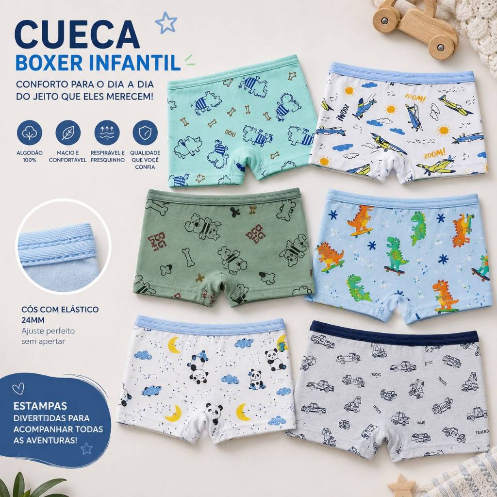 Kit com até 12 Cuecas Boxer Microfibra Infantil Conforto