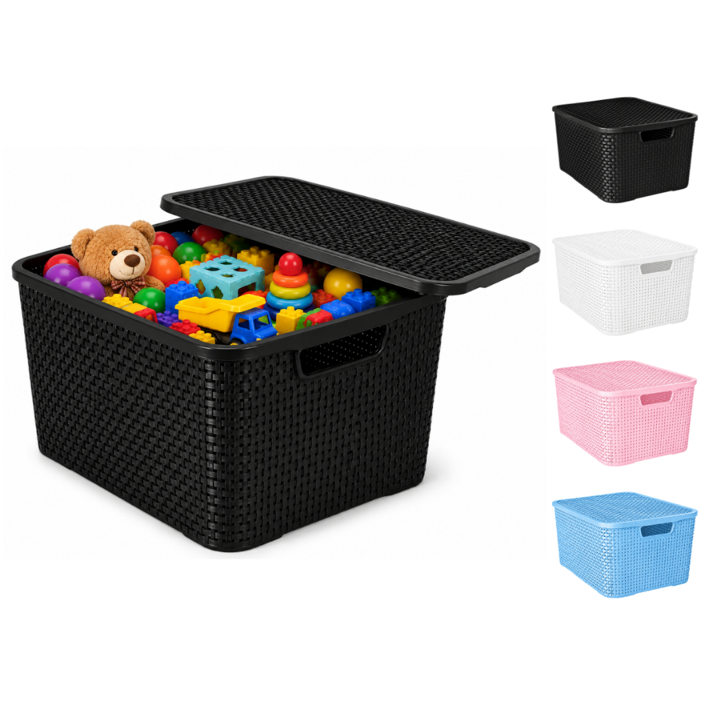 Kit Até 3 Caixas Cesto Organizadora Rattan 7 Litros Com Tampa Preto Branco Rosa Azul