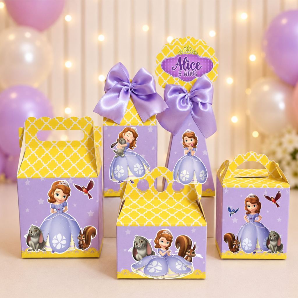 Kit Festa A Princesa Sofia Lembrancinha Personalizada Aniversário Infantil Caixas Desmontadas